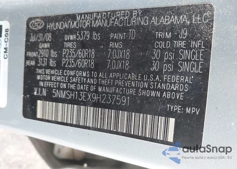 2009 Hyundai Santa Fe Limited z USA, uszkodzony, nr VIN 5NMSH13EX9H237591